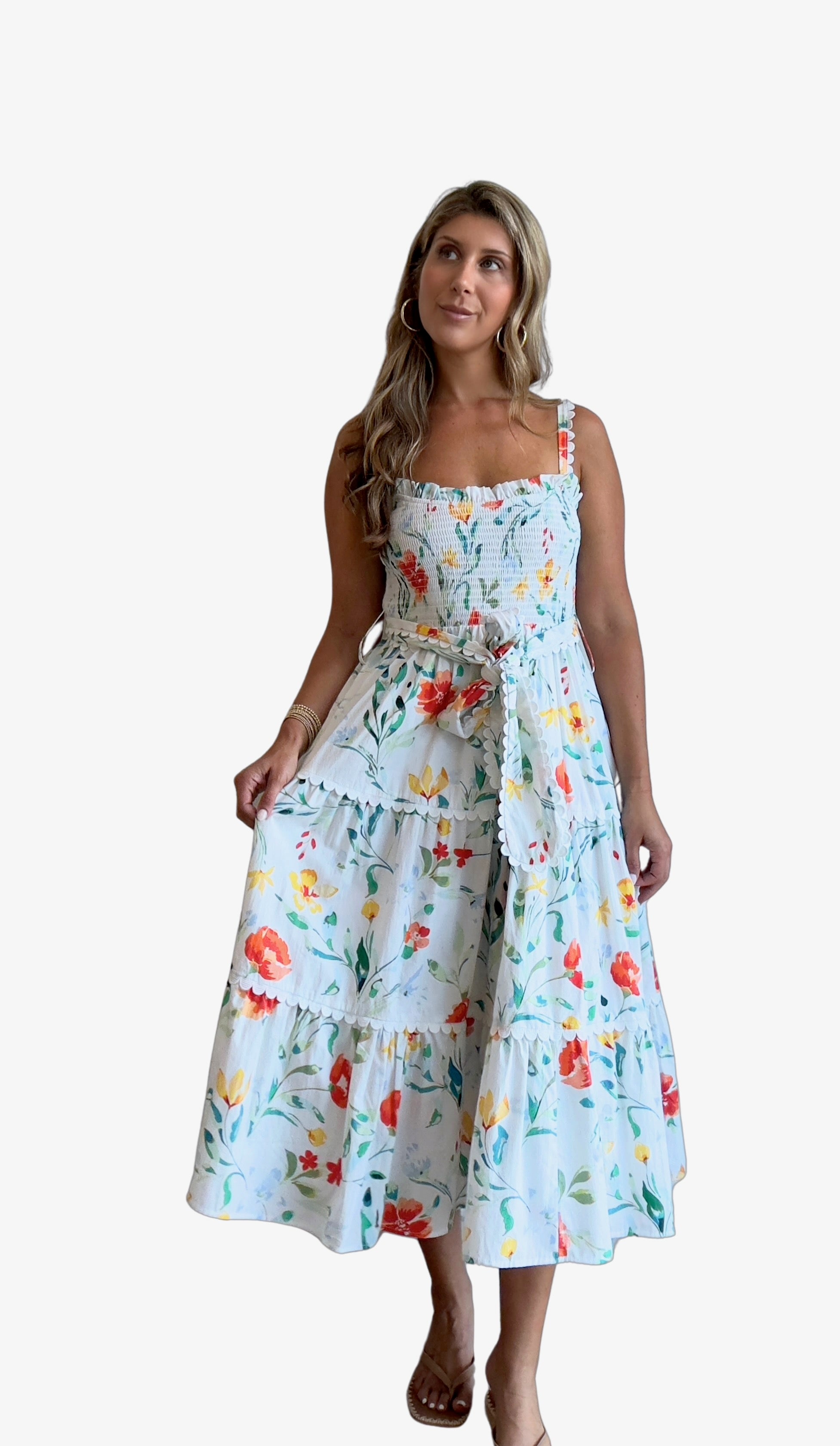 darcy midi dress Women's Prosperina Darcy Green & Pink Multi Floral Cotton Midi Dress | Size: S