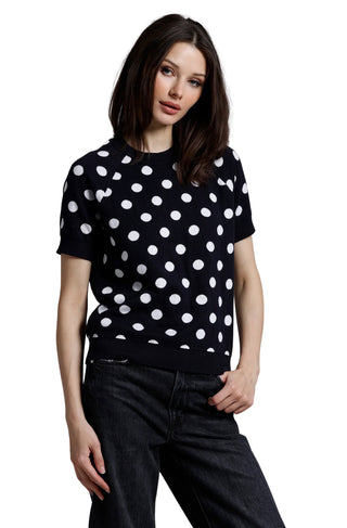 Cotton Cashmere Polka Dot Reversible Short Sleeve Crew